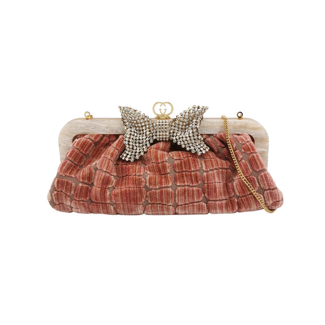 Gucci Crocodile-Pattern Pink Velvet Jacquard Medium Handbag Crystal Ribbon Chain Strap-Luxbags