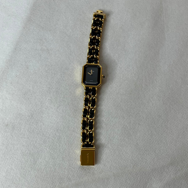 CHANEL 1987 Vintage PREMIERE Watch Medium Black Leather and 24KT Yellow Gold Plated