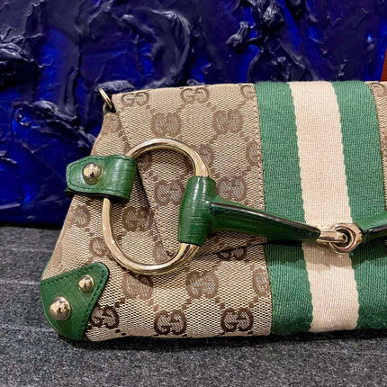 Gucci Horsebit 1955 Chain Bag Gucci Monogram Green Leather and Gold Studs