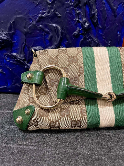 Gucci Horsebit 1955 Chain Bag Gucci Monogram Green Leather and Gold Studs