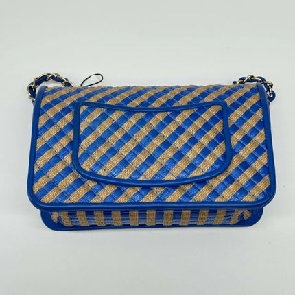 Chanel Mini Raffia Jute Striped Flap Bag Blue Diamond Wild Stitch