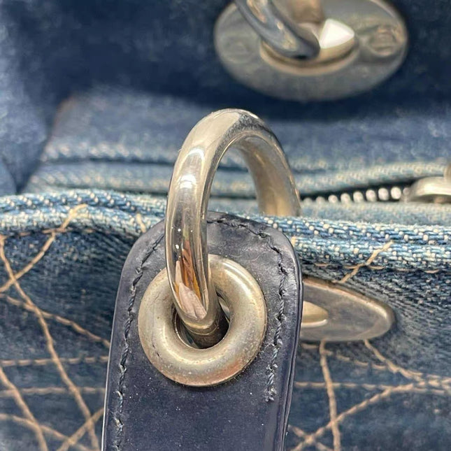 Lady Dior Vintage Medium Navy Blue Jeans Silver Hardware