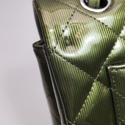 Chanel Classic Flap Maxi Metallic Green Patent Leather Double Flap Sliver Hardware 2012