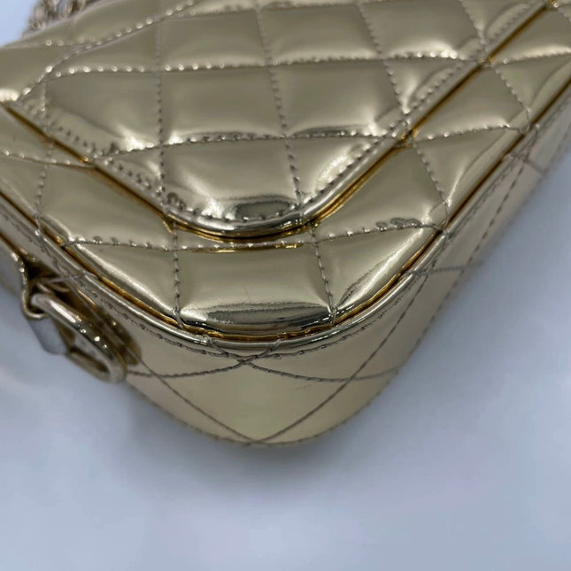 Chanel Classic Flap Mini Square Star Purse Gold Patent Calfskin Leather Mirror Glaze