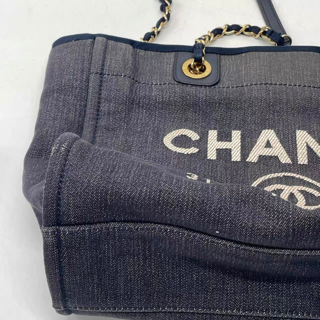Chanel Deauville Tote Navy Denim Cloth Leather Chain Strap Small 34cm
