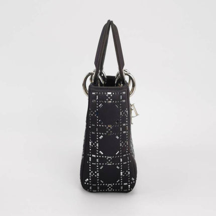 Lady Dior Mini Black Silk with Crystals Silver Hardware