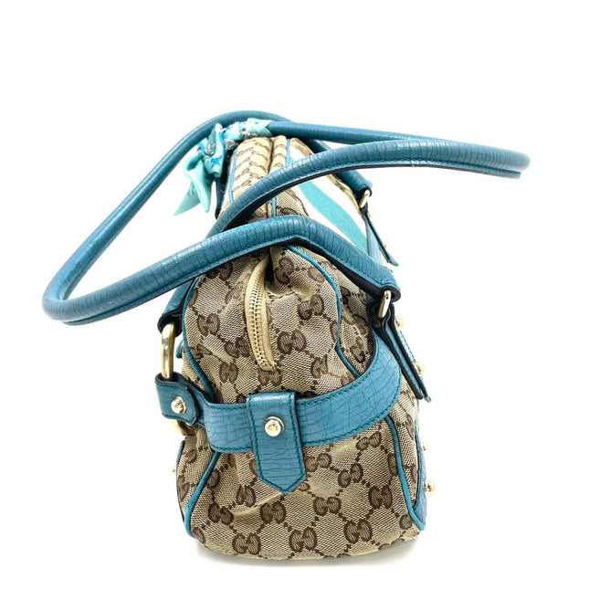 Gucci Horsebit Boston Bowling Handbag Monogram Canvas Blue Leather