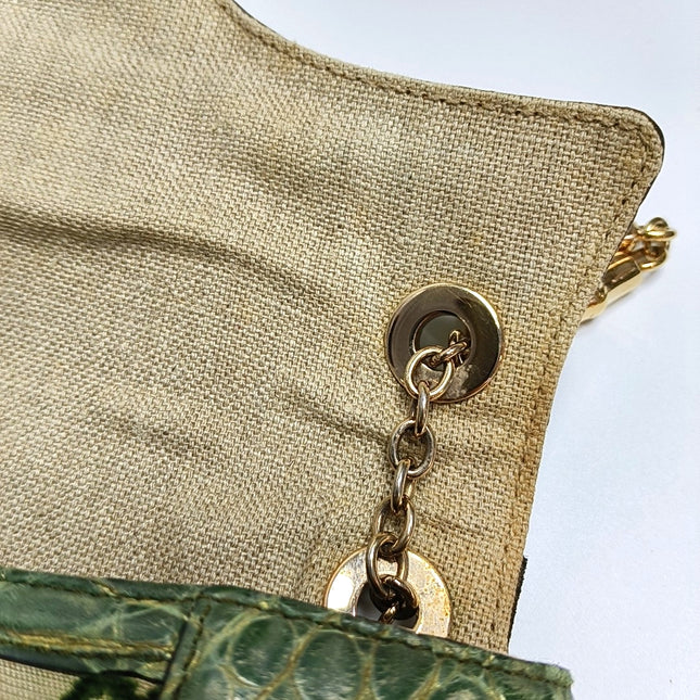 Gucci Jeweled Dragon Bag Green Crocodile and GG Velvet Bamboo Chain Strap Shoulder Bag