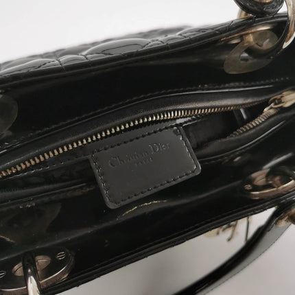 Lady Dior Medium Black Patent Leather Handbag with Silver Hardware