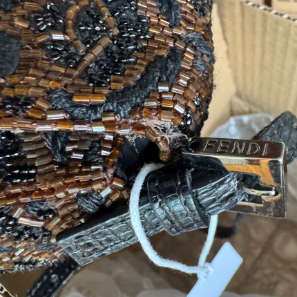 Fendi Mini Mamma Baguette Brown Glitter Beads Floral Embroidery