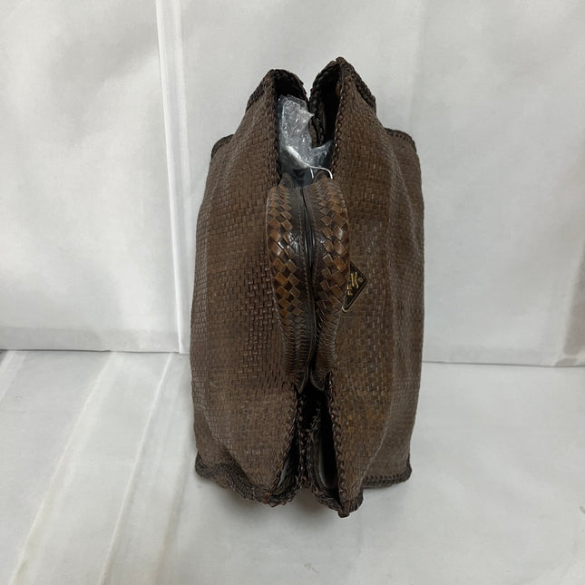 Prada Madras Brown Woven Leather Top Handle Shopping Tote