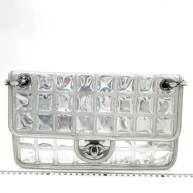 Chanel Ice Cube Chocolate Bar Classic Flap Metallic Silver PVC with Leather-Luxbags