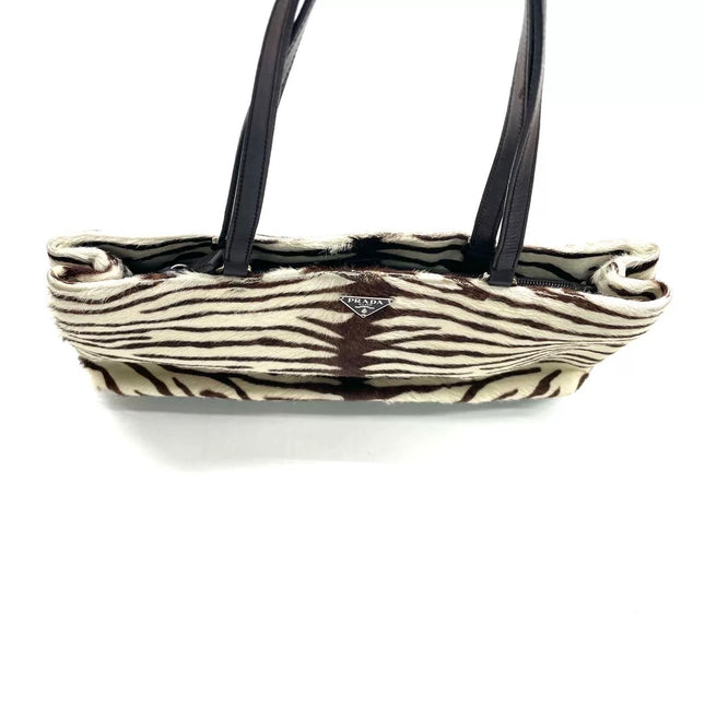 Prada Zebra Print Pony-style Calfskin Leather Brown Shoulder Bag