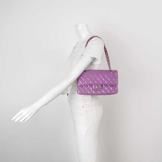 Chanel Classic Flap Medium Lavender Purple Patent Leather Silver Hardware