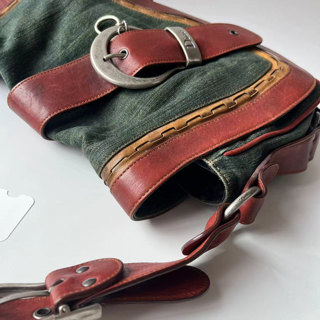 Sac Bandoulière Dior Vintage Gaucho Grand Jean Vert Cuir Bordeaux 2006