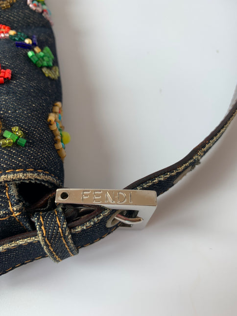 Sold FENDI Baguette Blue Denim with beaded Flower Embroidery