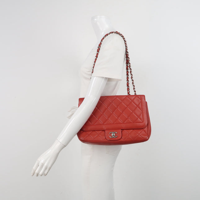 Chanel Classic Flap Single Flap Large Red Lambskin Leather Silver Hardware
