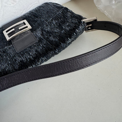 Fendi Baguette Metallic Navy Black Glittering Waterfall Beads Shoulder Bag