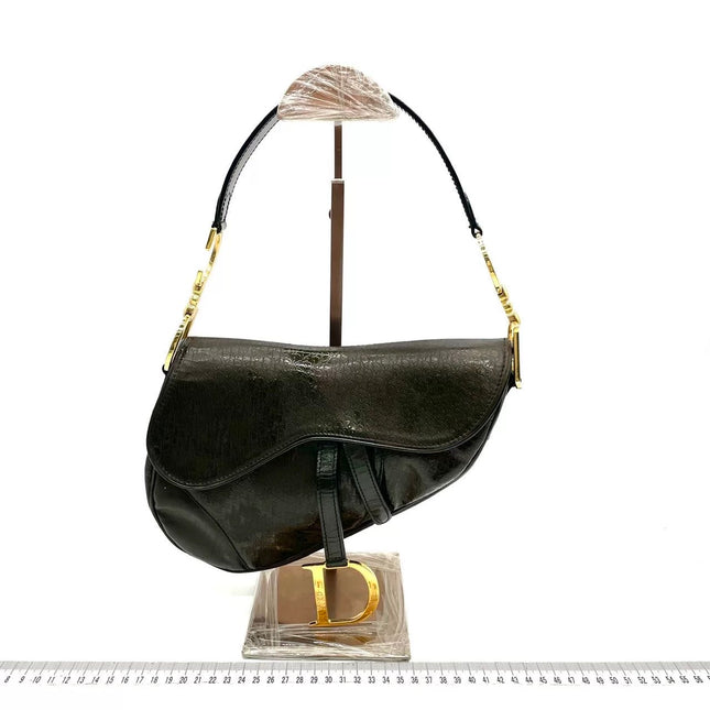 Dior Saddle Small Vintage Shoulder Bag Dark Green Oblique Print Patent Leather