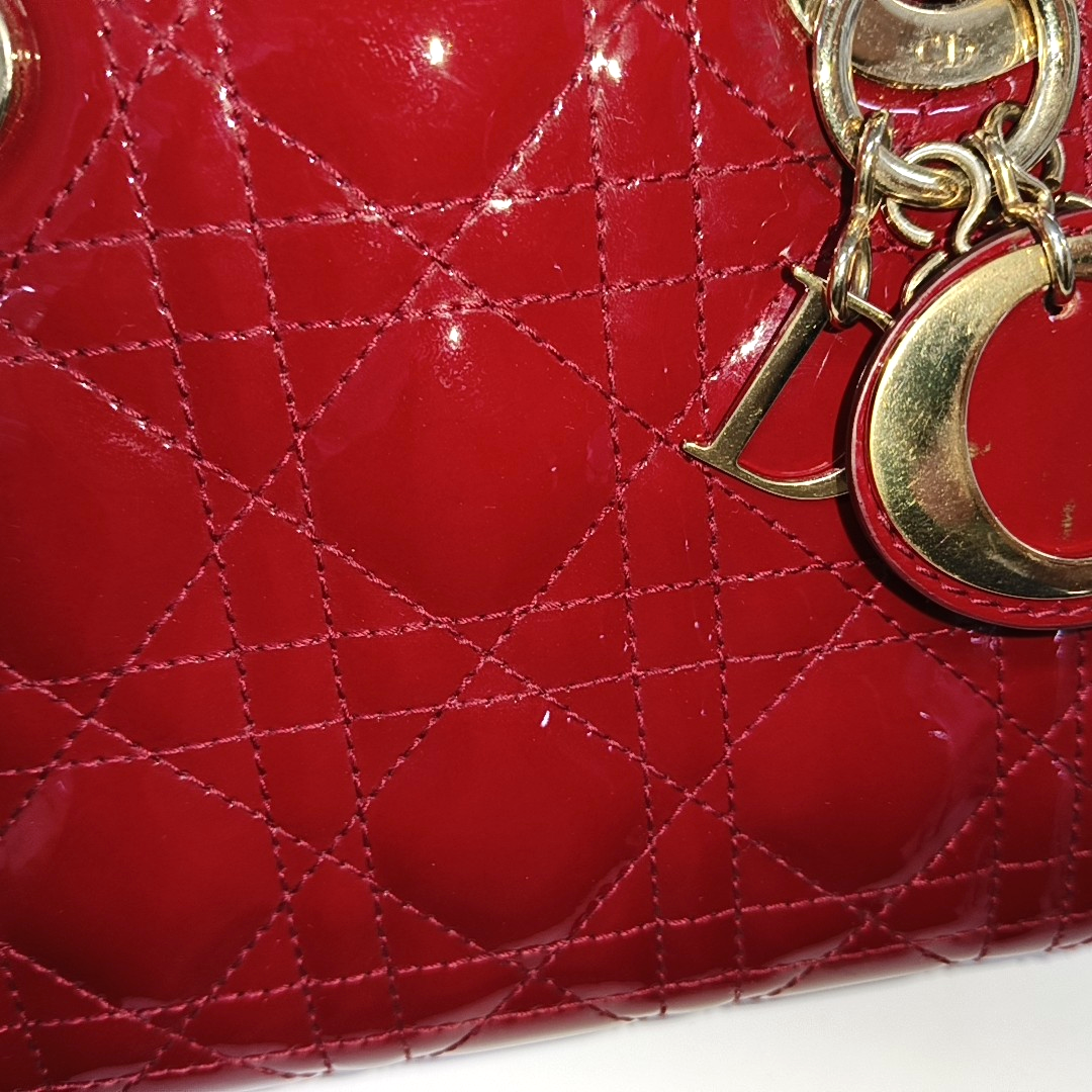 Lady Dior Mini Handbag Burgundy Red Patent Leather Gold-tone Chain Strap