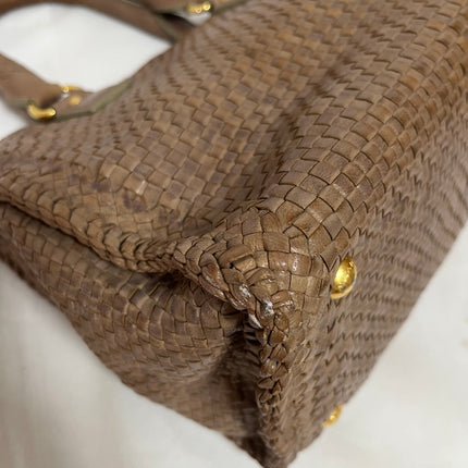 Prada Madras Brown Woven Leather Top Handle Shopping Tote