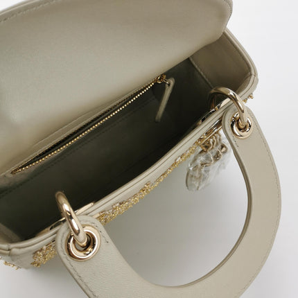Lady Dior Mini Gold Calfskin Leather with Crystals Gold Hardware 2023
