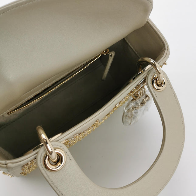 Lady Dior Mini Gold Calfskin Leather with Crystals Gold Hardware 2023