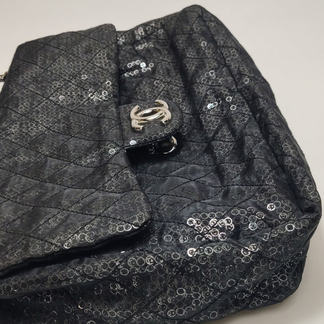 Chanel Black Mesh and Sequins Jumbo Maxi Classic Flap Silver Hardware 2008
