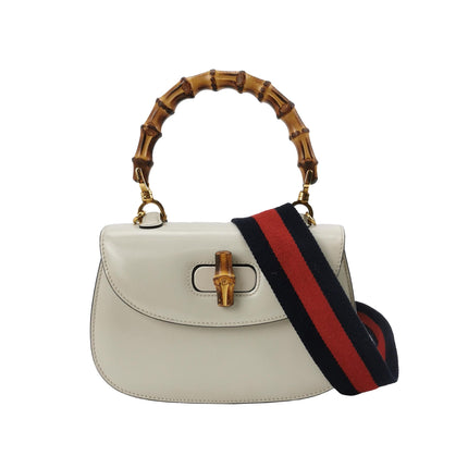 Gucci Bamboo 1947 Top Handle Bag Small White Box Leather Canvas Strap-Luxbags