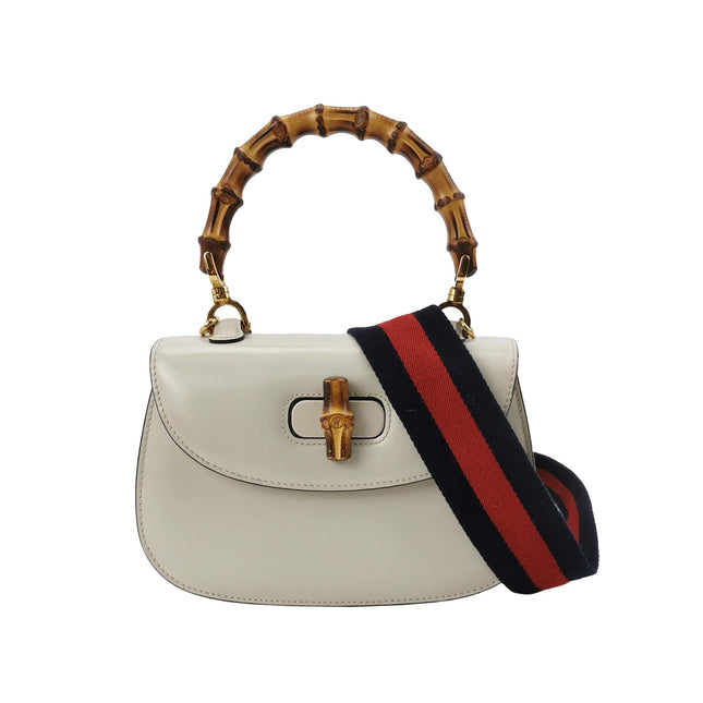 Gucci Bamboo 1947 Top Handle Bag Small White Box Leather Canvas Strap-Luxbags