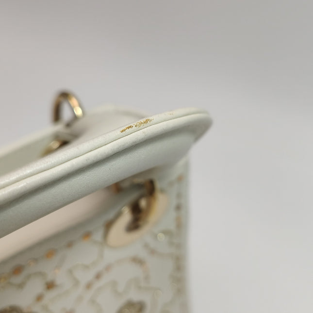 Lady Dior Mini 2018 Embroidered White Calfskin Leather Gold Beads Crossbody Bag