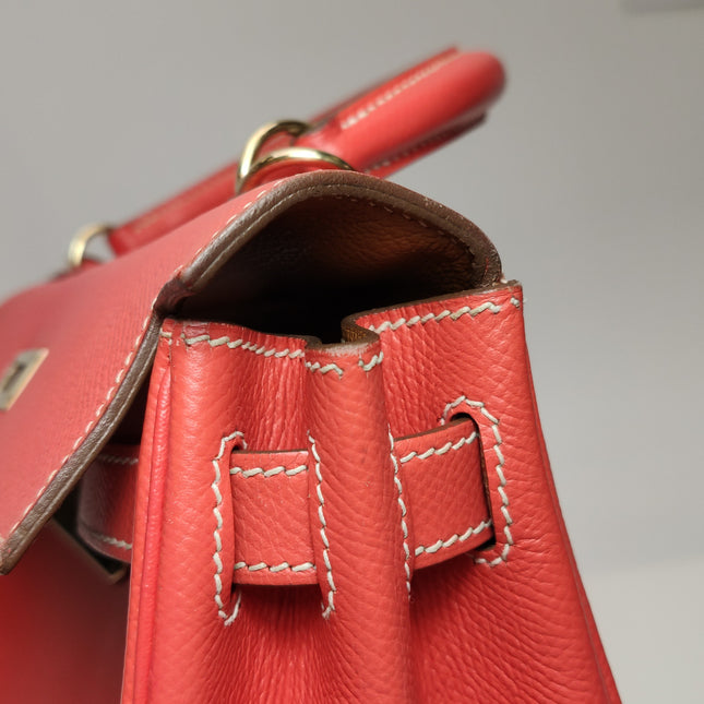 Hermes Kelly 28 Retourne Calfskin Leather Rose Exterior Brown Interior Gold Hardware Double Ring