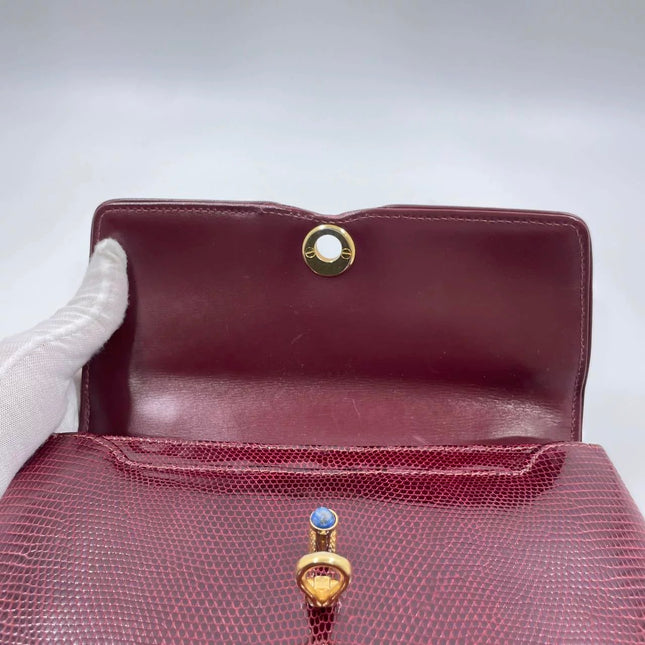 Gucci Vintage Bag Burgundy Lizard Leather Blue Lapis Lazuli Stone Gold-tone Hardware