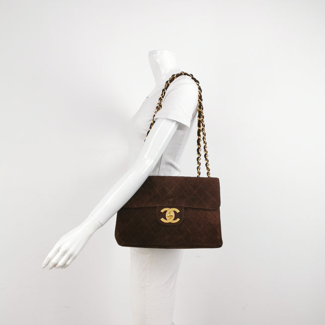 Chanel Classic Flap Maxi Chocolate Brown Suede Leather Giant Gold CC Logo