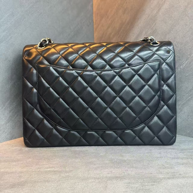 Chanel Classic Flap Maxi Black Lambskin Leather Double Flap Silver Hardware 2012