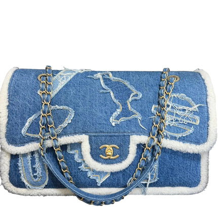 Chanel Blue Denim White Shearling Egyptian Hieroglyph Maxi Flap Bag Gold Hardware, 2019-Luxbags