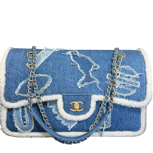 Chanel Blue Denim White Shearling Egyptian Hieroglyph Maxi Flap Bag Gold Hardware, 2019-Luxbags