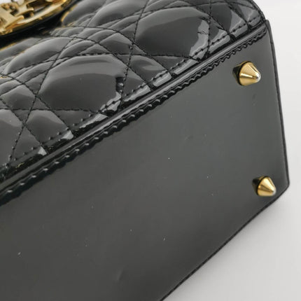 Sold Lady Dior Medium Black Patent Leather Handbag with Gold Hardware