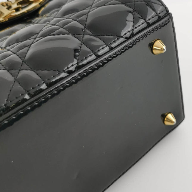Sold Lady Dior Medium Black Patent Leather Handbag with Gold Hardware