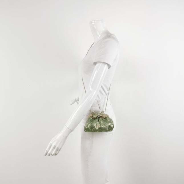 Gucci Mini Crystal Monogram and Bow Green Nylon Clutch With Chain