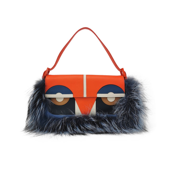 Fendi Baguette Bag Bugs Multicolor Monster Blue Faux Fur Shoulder Bag-Luxbags