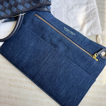 Bottega Veneta Andiamo Medium Navy Leather and Denim Intrecciato Leather Handbag