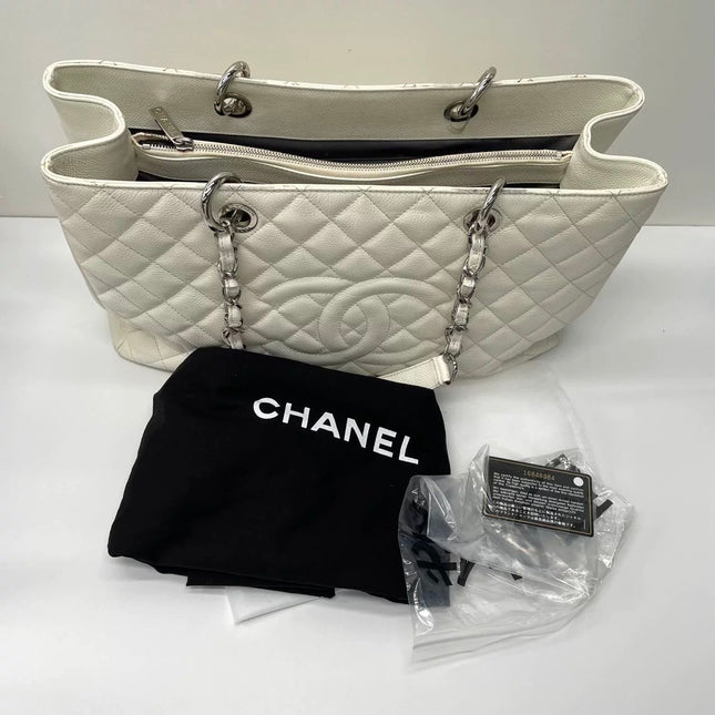 Chanel GST Grand Shopping Tote Large White Caviar Leather Silver Hardware