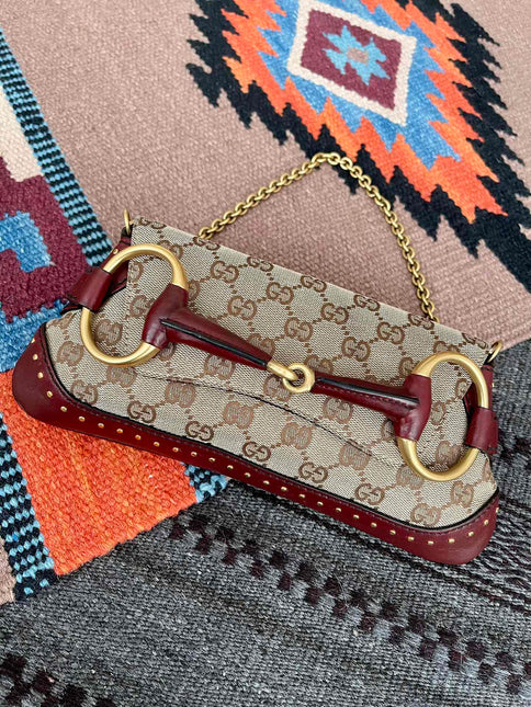 Gucci Horsebit 1955 Small Cloth Beige Monogram Burgundy Leather Shoulder bag-Luxbags
