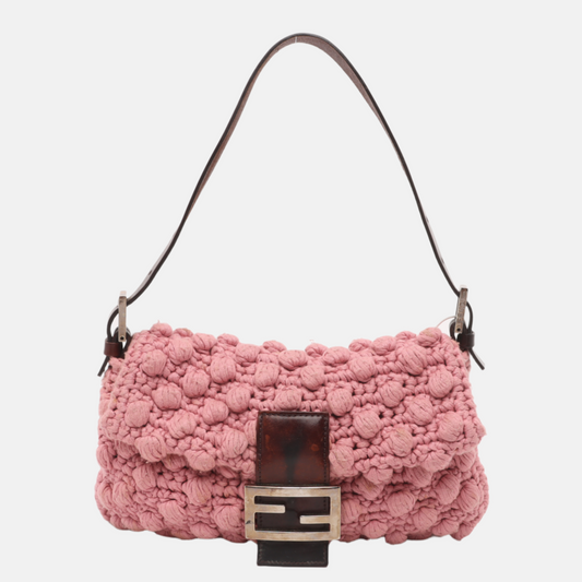 Fendi Baguette Bag Pink Crochet Knit Wool Pompom Shoulder Bag-Luxbags