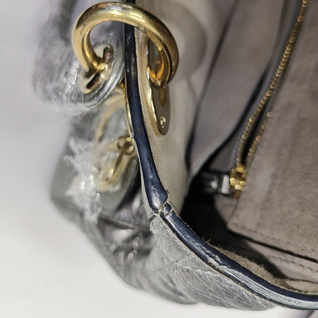Lady Dior Small Supple Calfskin Leather Metallic Grey Cannage Handbag with Strap