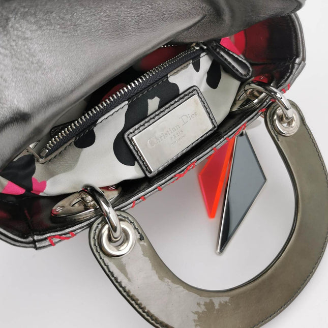 Sold Lady Dior Mini Grey Leather with Red Cannage Stitching 2011 Dior X Anselm Reyle Collection