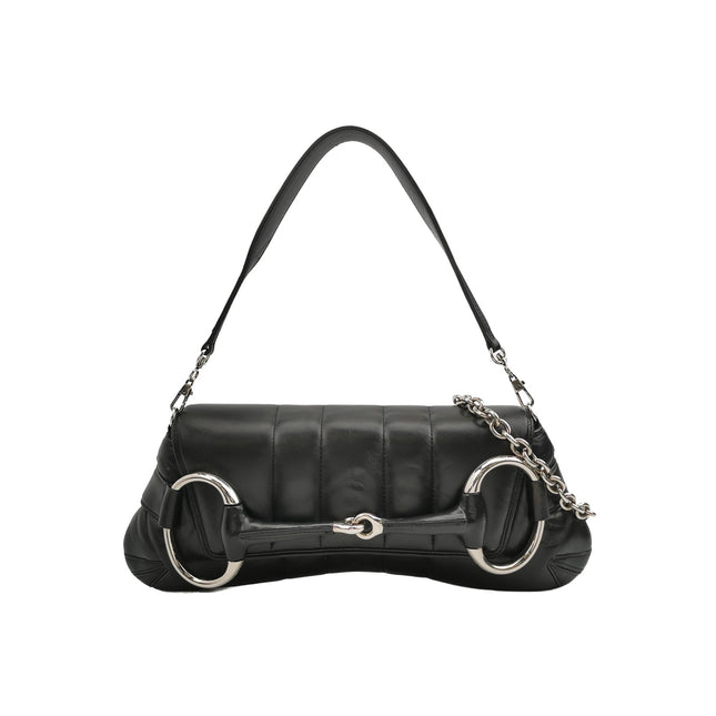 Gucci Horsebit 1955 Chain Shoulder Bag Large Black Padded Leather S23-Luxbags