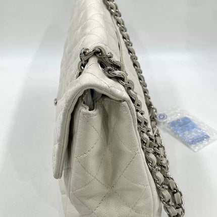 Chanel Classic Flap Maxi White Caviar Leather Silver-tone Hardware Giant CC Logo