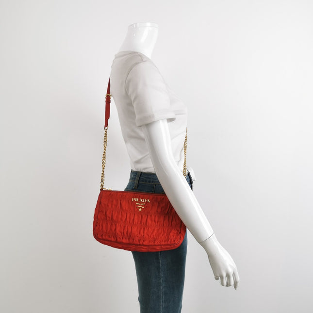 Sold Prada Tessuto Nylon Gaufre Crossbody Bag Red with Gold-tone Hardware